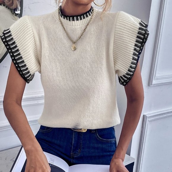 MODA ME COUTURE Sweaters - beige ribbed knit contrast binding sweater vest chic preppy classy